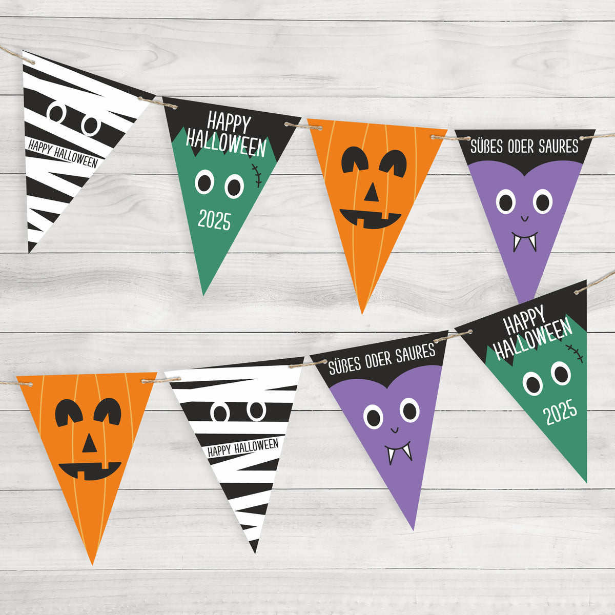 Halloween-Wimpelkette mit bunten Wimpeln in Orange, Grün, Lila und Schwarz – Motive Kürbis, Vampir, Mumie und Frankenstein.