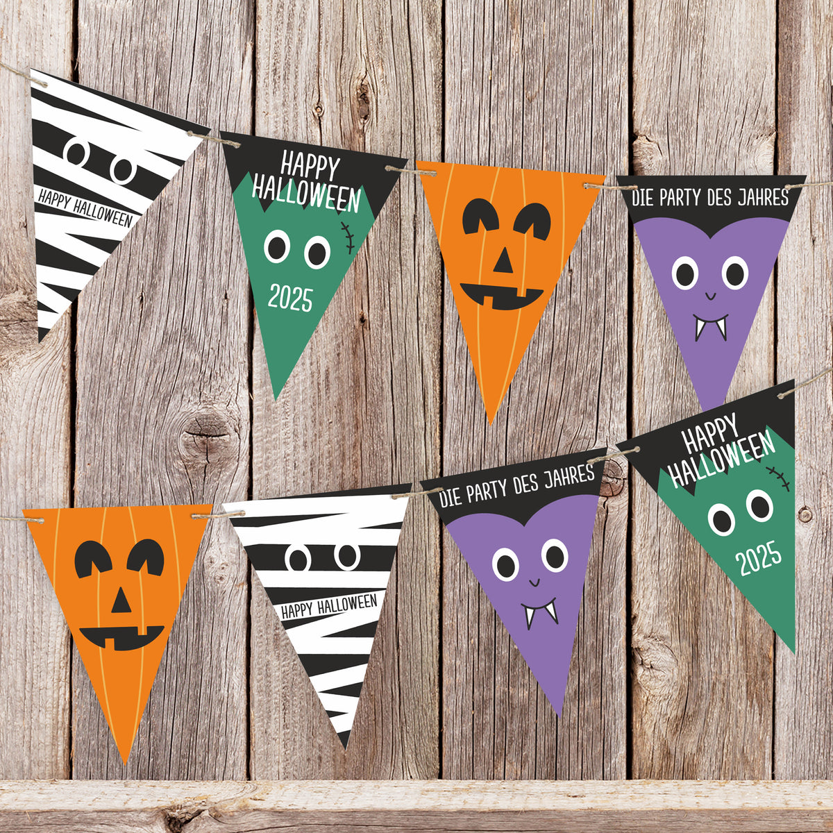 Halloween-Wimpelkette dekorativ vor Holzwand befestigt – perfekte Partydeko mit Personalisierung.