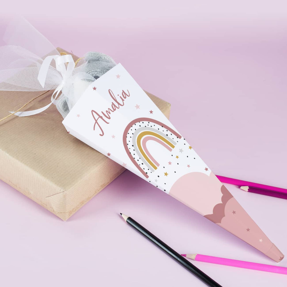 Kleine Schultüte für Geschwister mit Regenbogen Motiv und Name