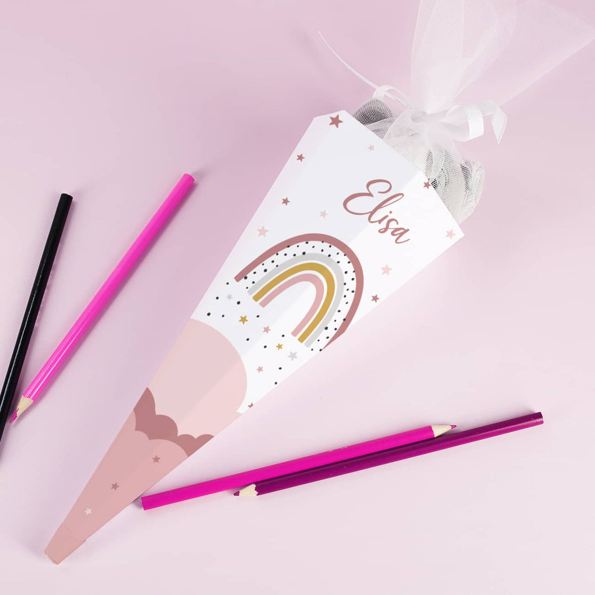 Kleine Schultüte mit schickem Regenbogen Motiv mit Name
