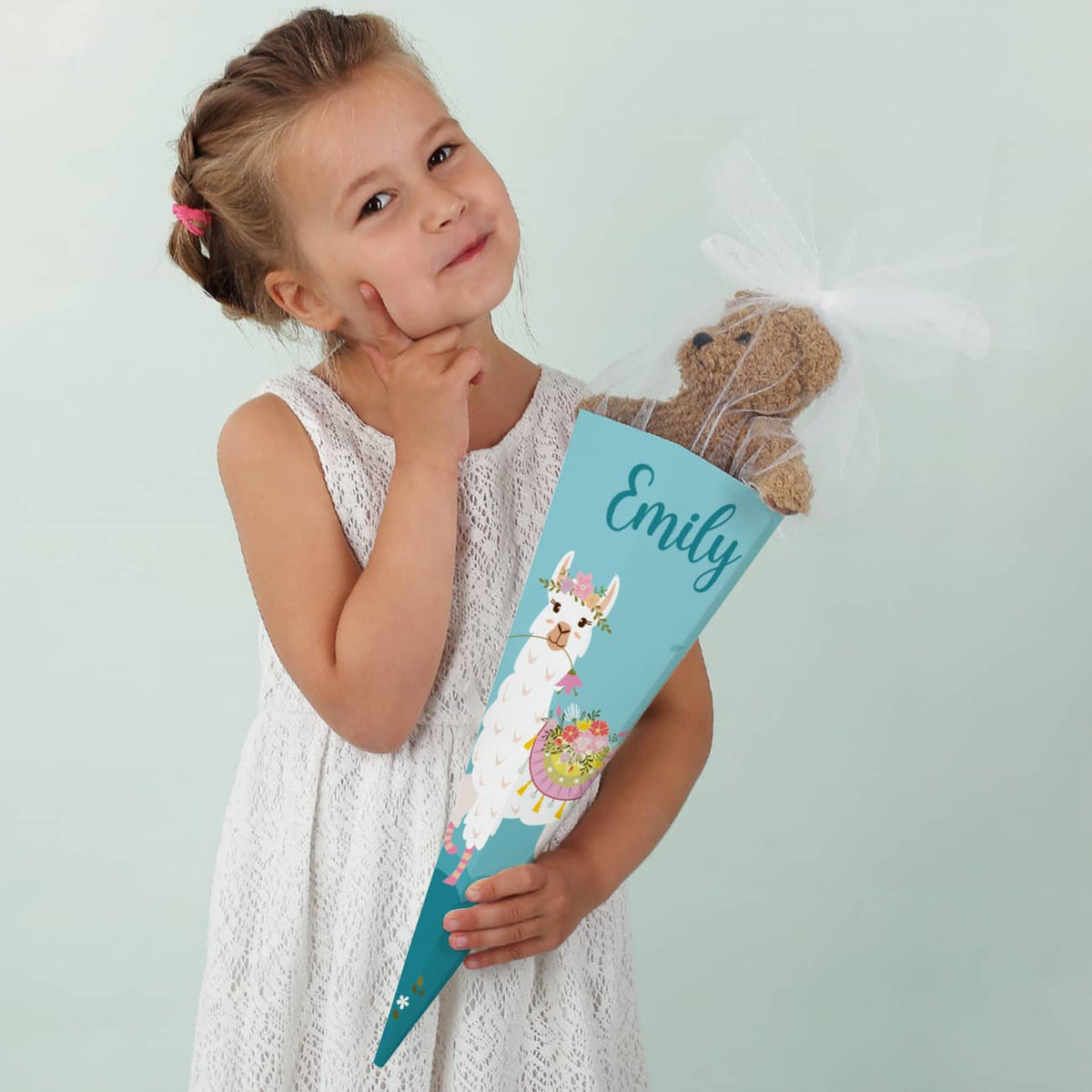 Geschwister-Schultüte mit Lama, Blumen und Name