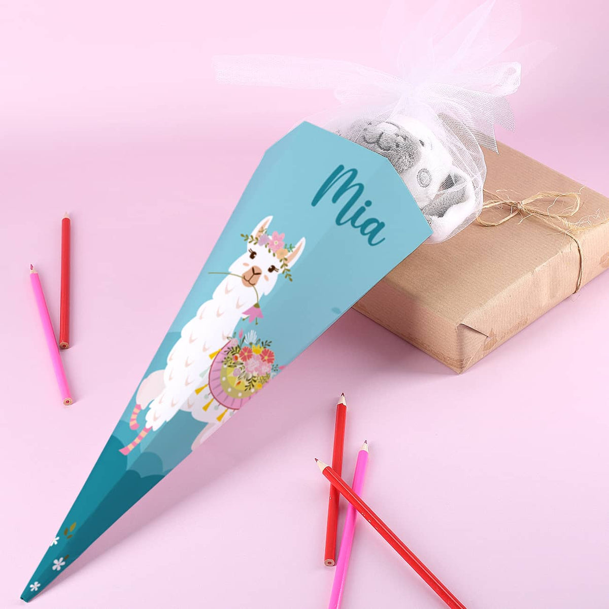  kleine Schultüte mit Lama, Blumen und Name