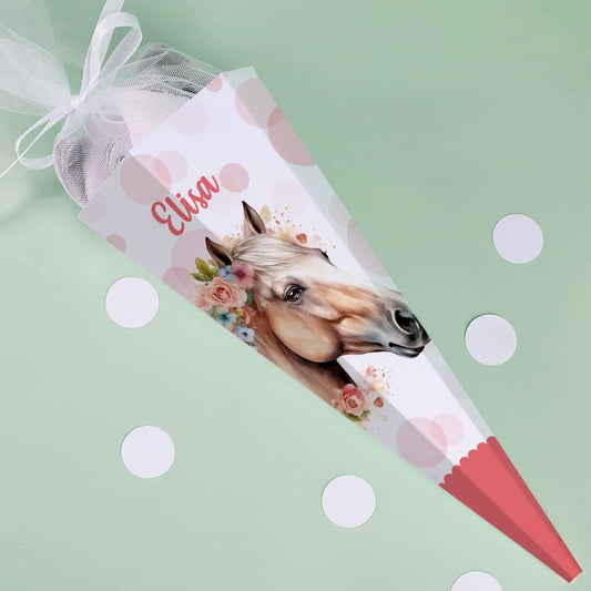 Kleine Zuckertüte mit Pferd, Blumen, Punkten und Name