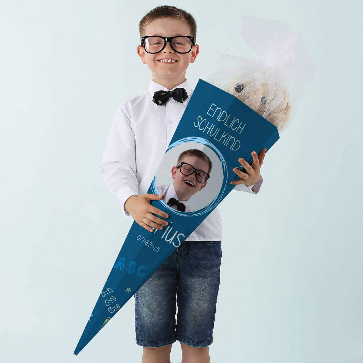 Schultüte mit Foto, Name, Datum und Endlich Schulkind-Motiv