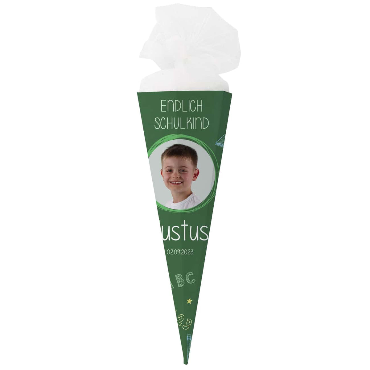 Schultüte in Tafeloptik mit Foto und Name