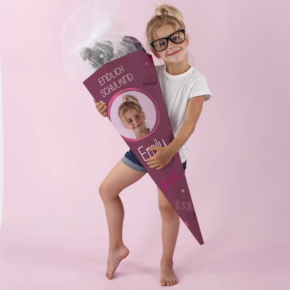 Pinke Schultüte mit Foto, Name, Datum und Endlich Schulkind-Motiv