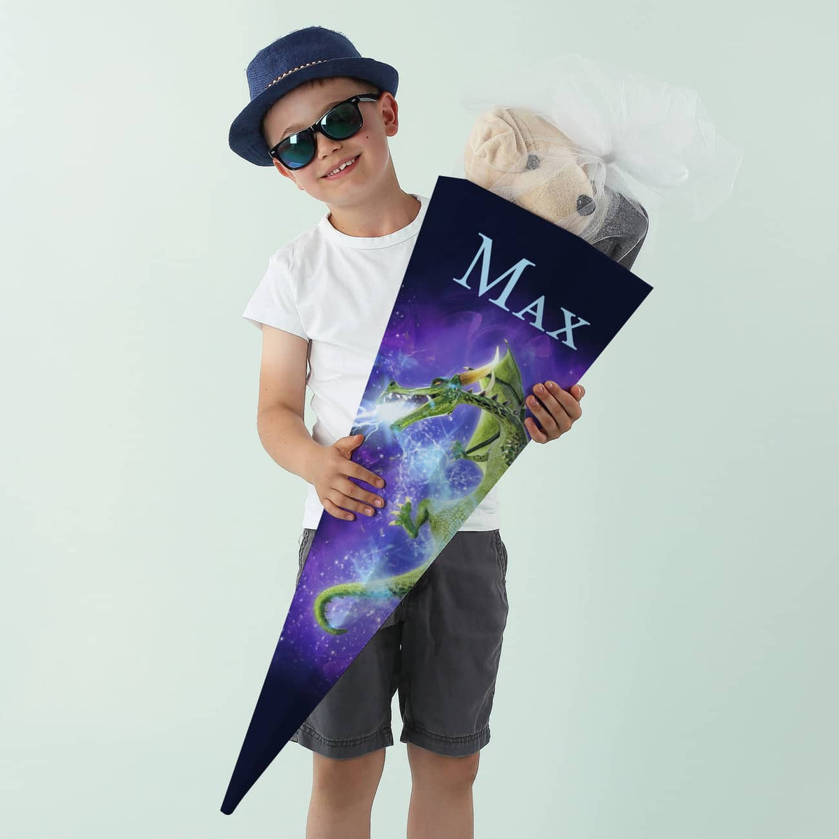 Personalisierte Schultüte mit Drache und Nylon Tüll