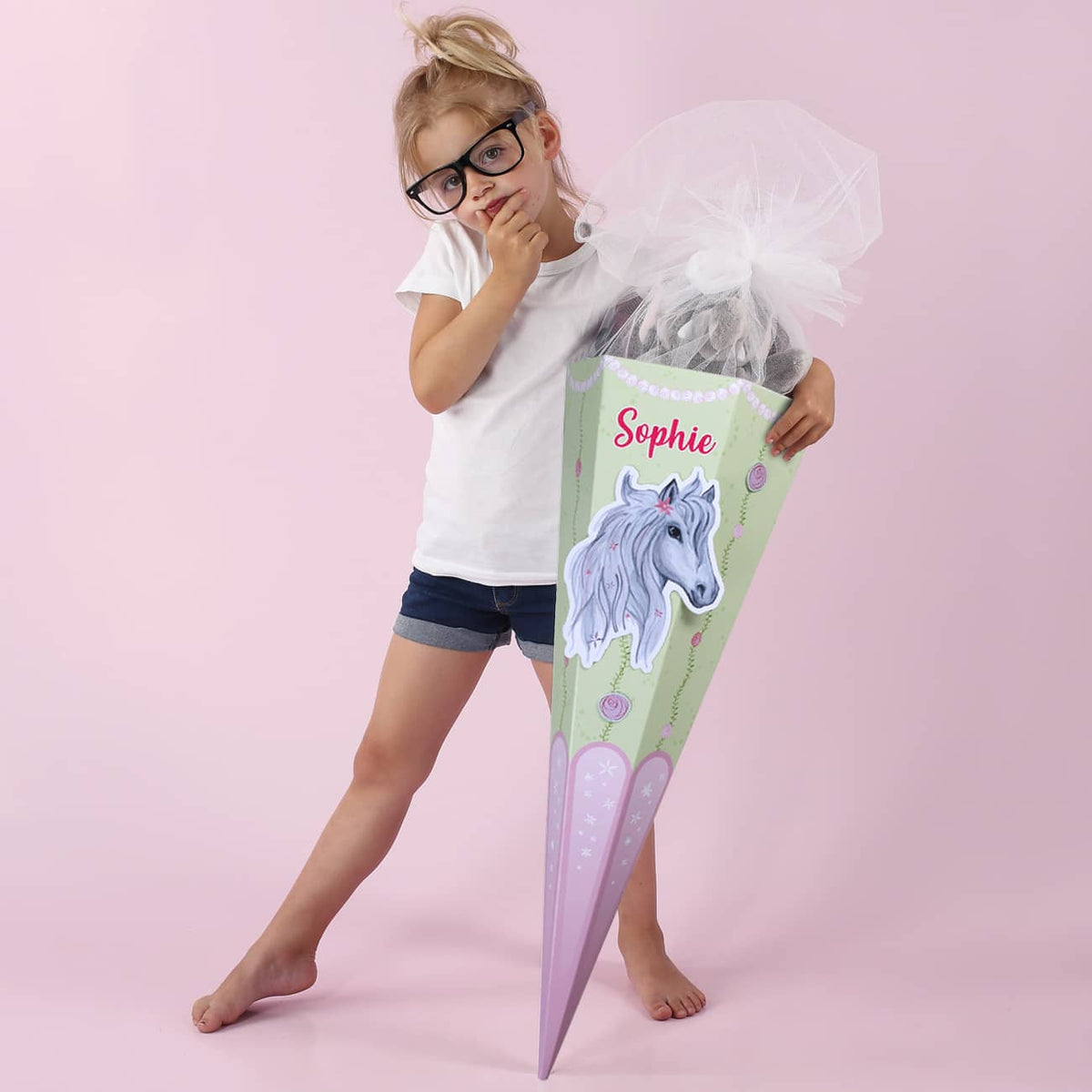 Schultüte mit 3D Pferd, Blumen und Name