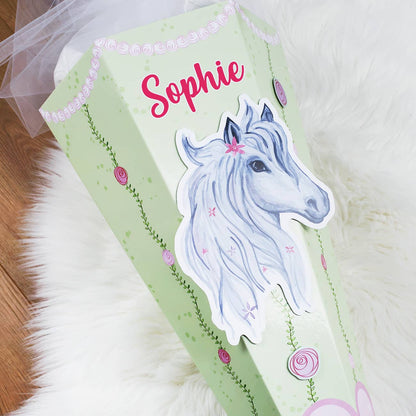 Schultüte mit 3D Watercolor-Pferd, Blumen und Name