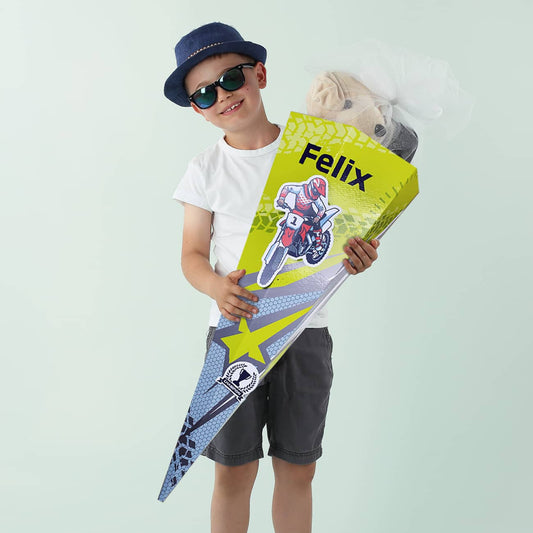 Schultüte mit 3D-Motocross-Motiv und Name
