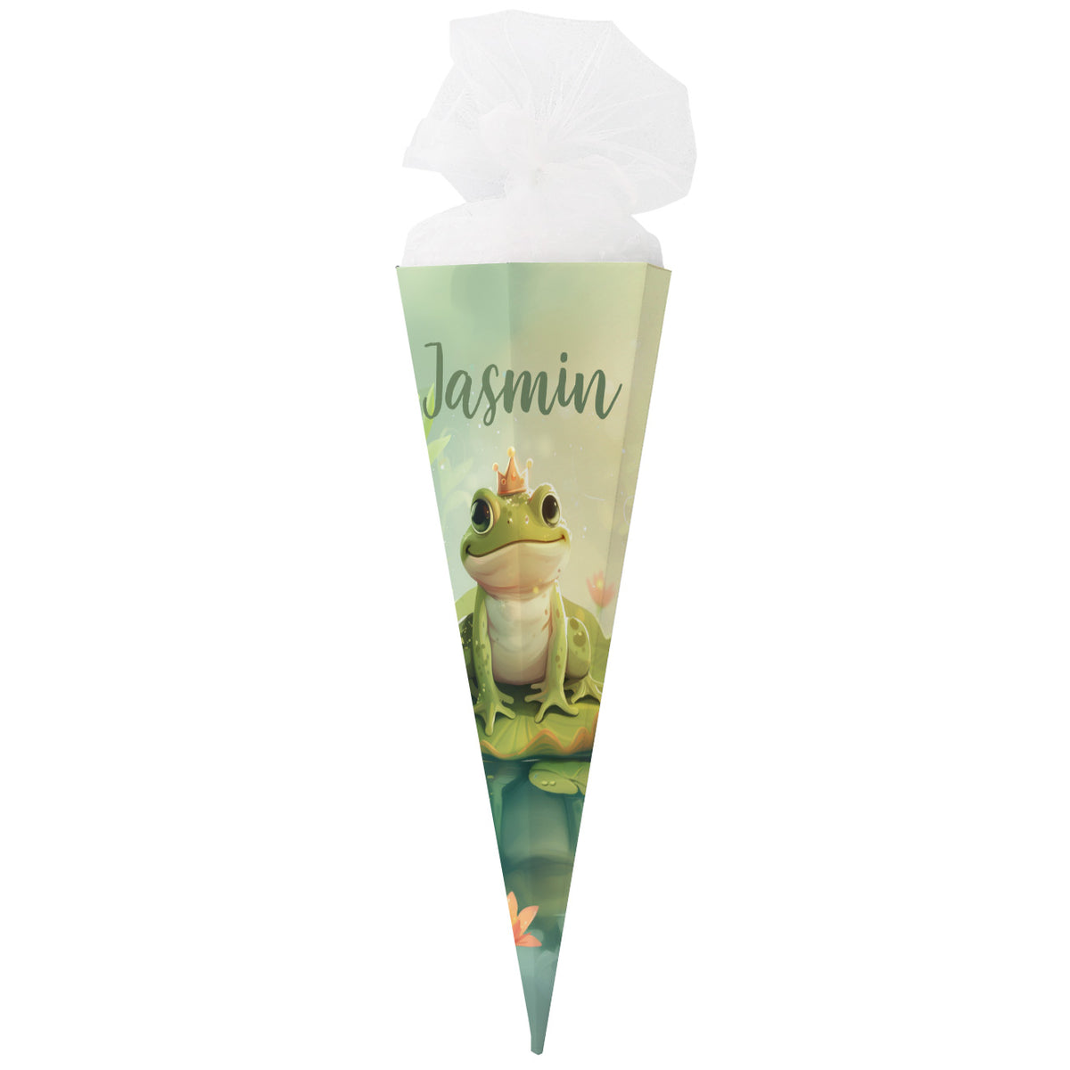 Freisteller der Zuckertüte mit Froschkönig-Motiv und dem Namen "Jasmin" auf weißem Hintergrund