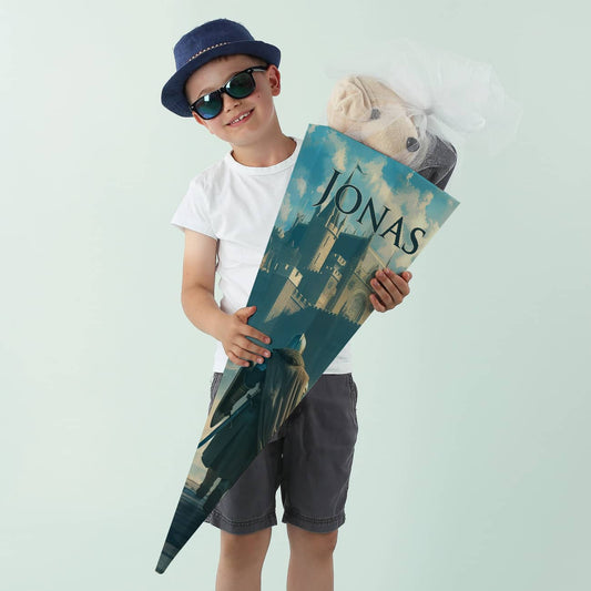 Schultüte für Jungen mit Burg als Motiv & Name personalisiert