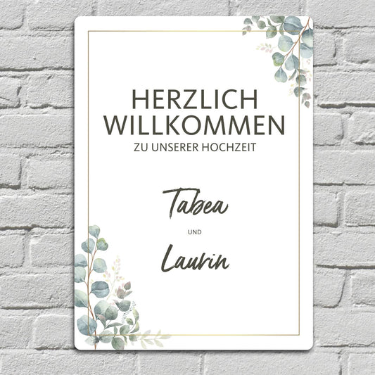 Willkommensschild zur Hochzeit mit Ihren Wunschnamen und Eukalyptusmotiv 