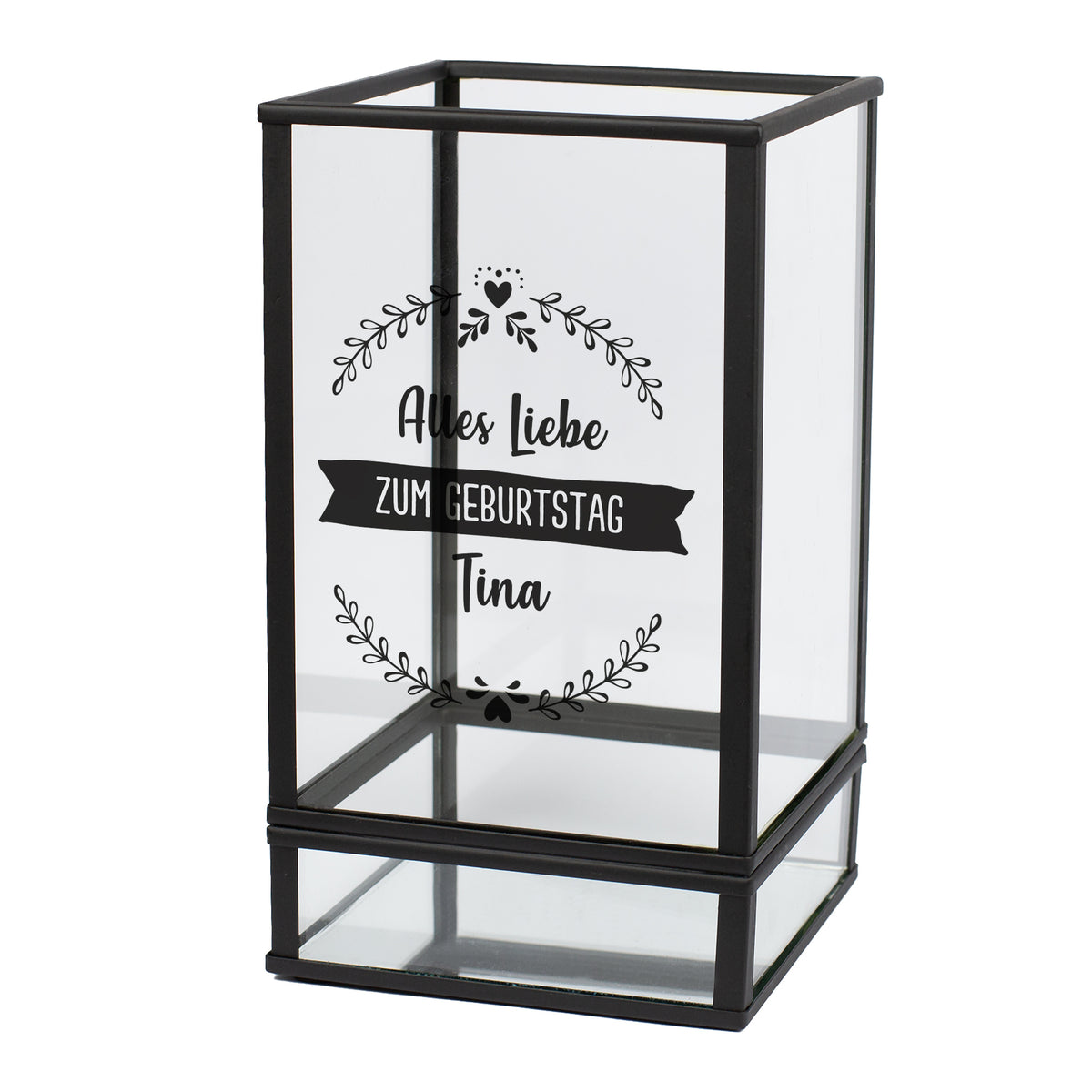 Windlicht aus Glas und Metall mit Wunschtext, rechteckige Form 10 × 10 × 17,5 cm