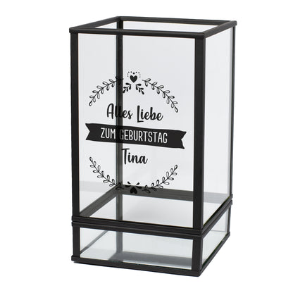 Windlicht aus Glas und Metall mit Wunschtext, rechteckige Form 10 × 10 × 17,5 cm