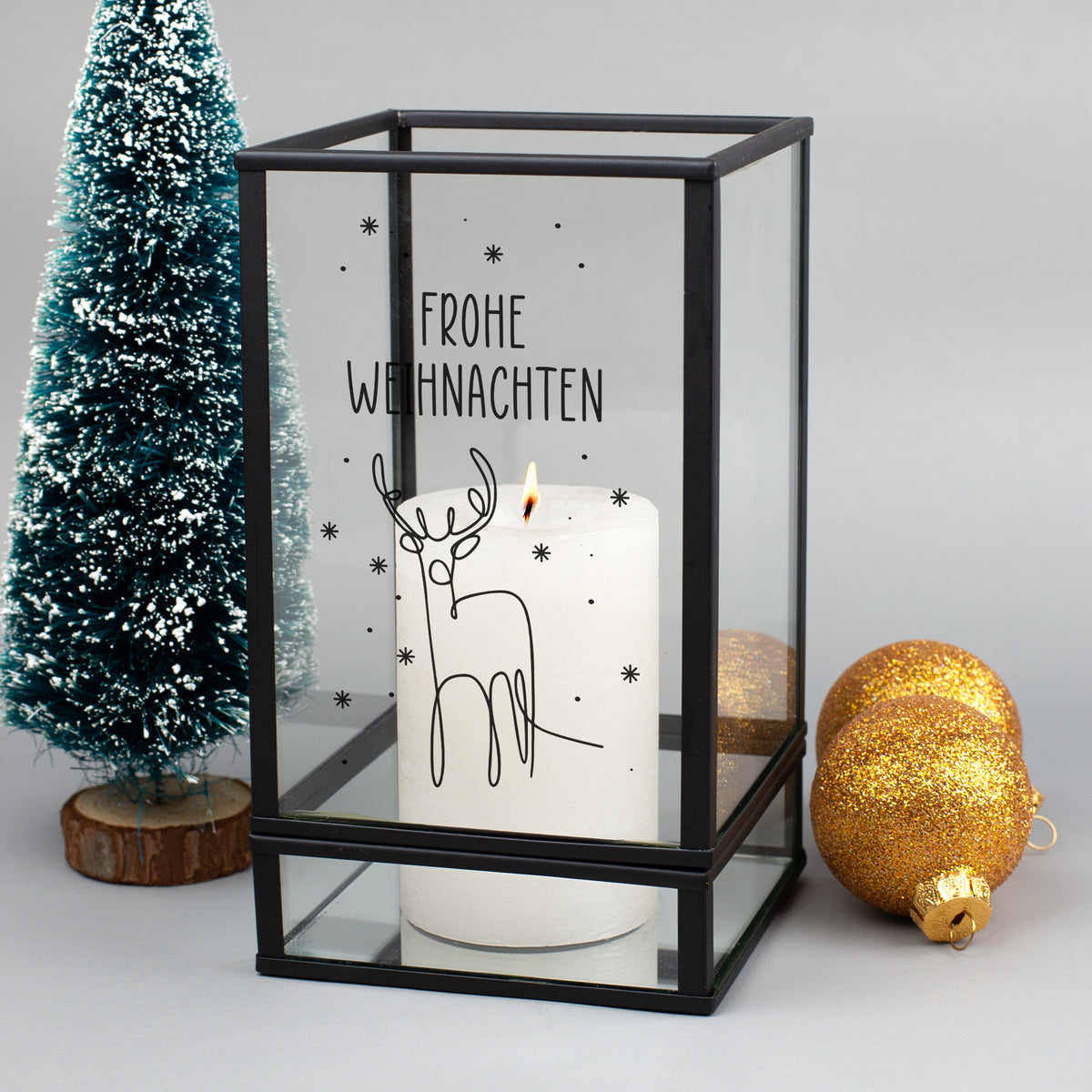 Personalisiertes Weihnachts-Windlicht mit Hirsch-Motiv und Aufschrift Frohe Weihnachten