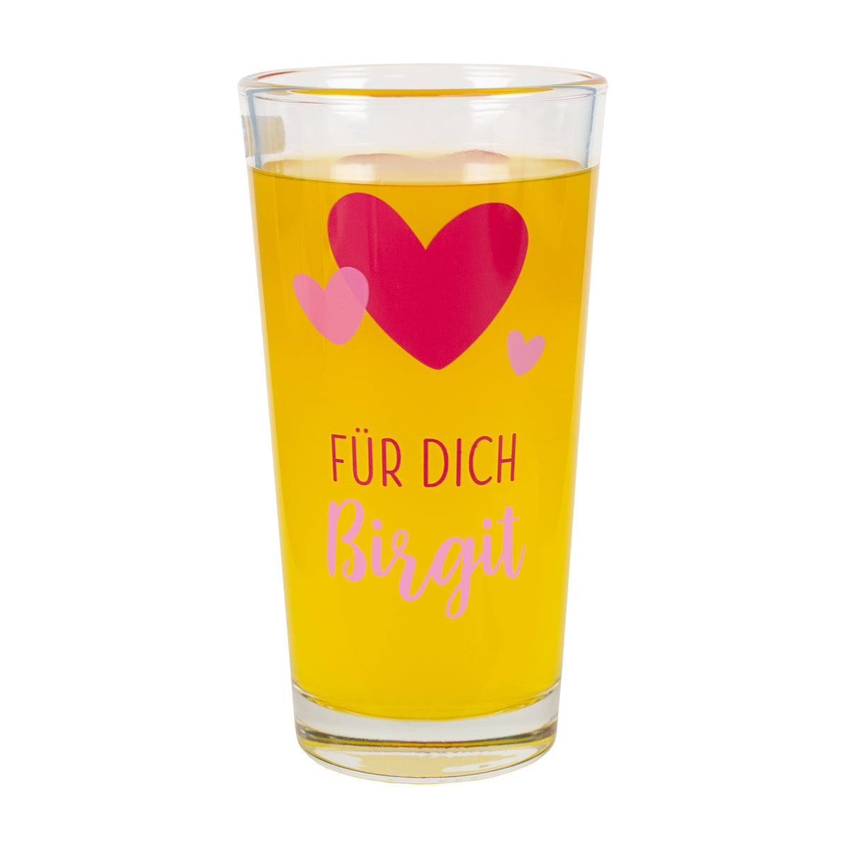 Freigestelltes Trinkglas mit Herz-Motiv und Wunschname „Birgit“