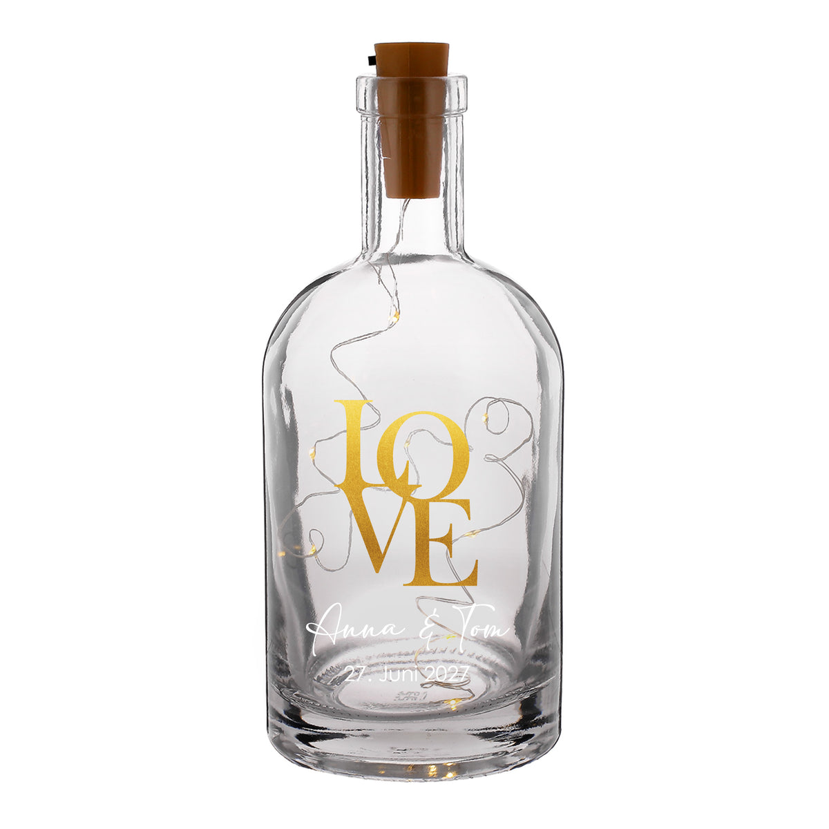 Produktansicht: LED-Karaffe mit goldenem LOVE-Motiv, Namen und Datum auf weißem Hintergrund