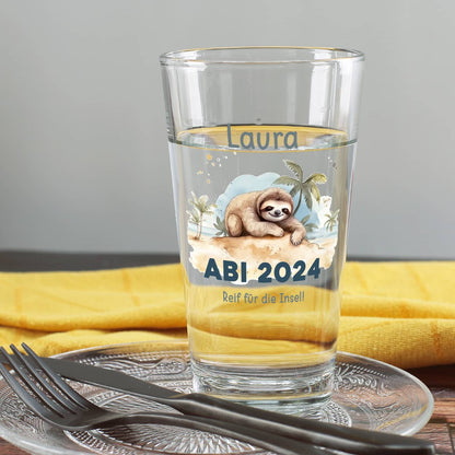 Trinkglas mit Faultier, Name und Wunschtext - Geschenk zum bestandenen Abi