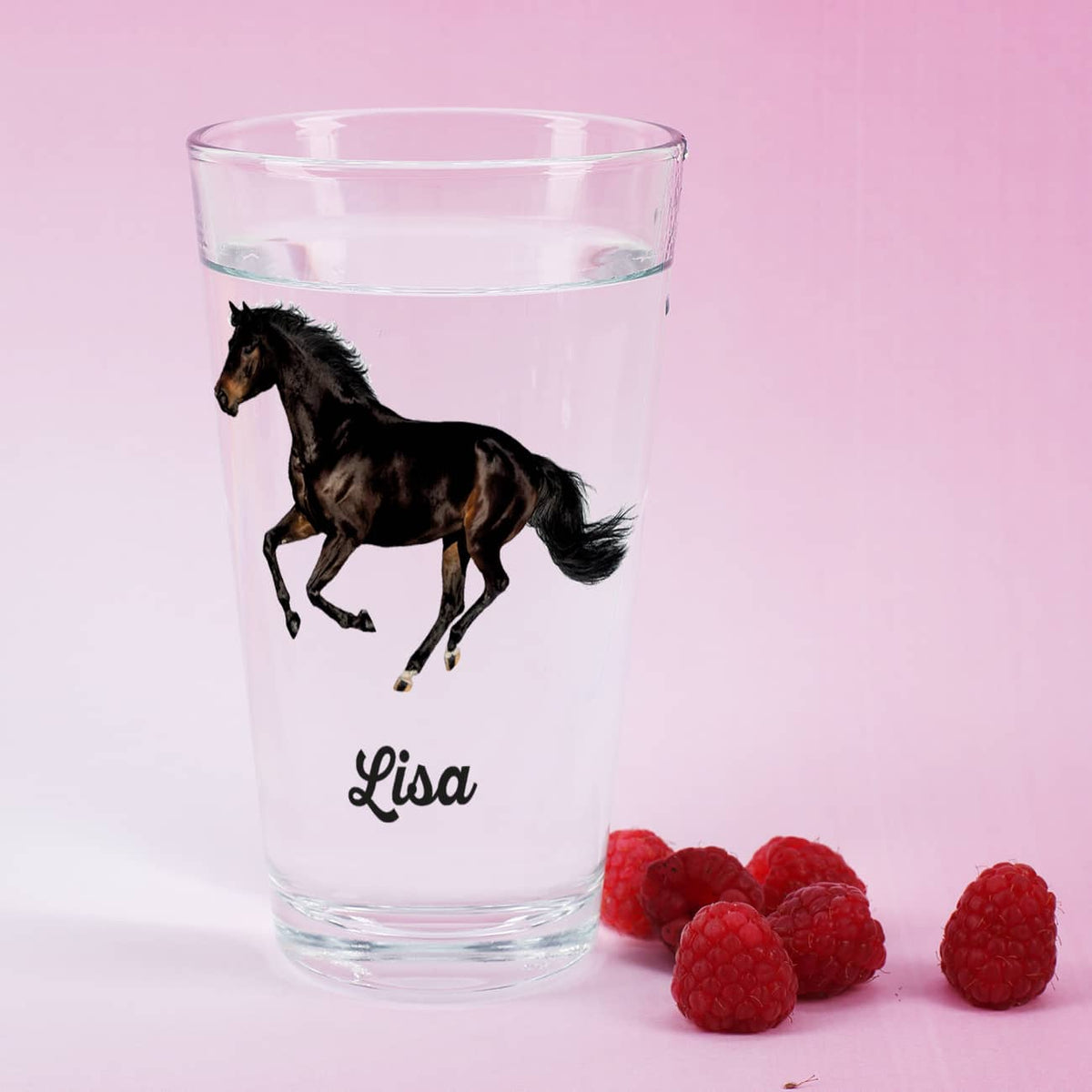Persönliches Glas mit schwarzem Araber Pferd und Name