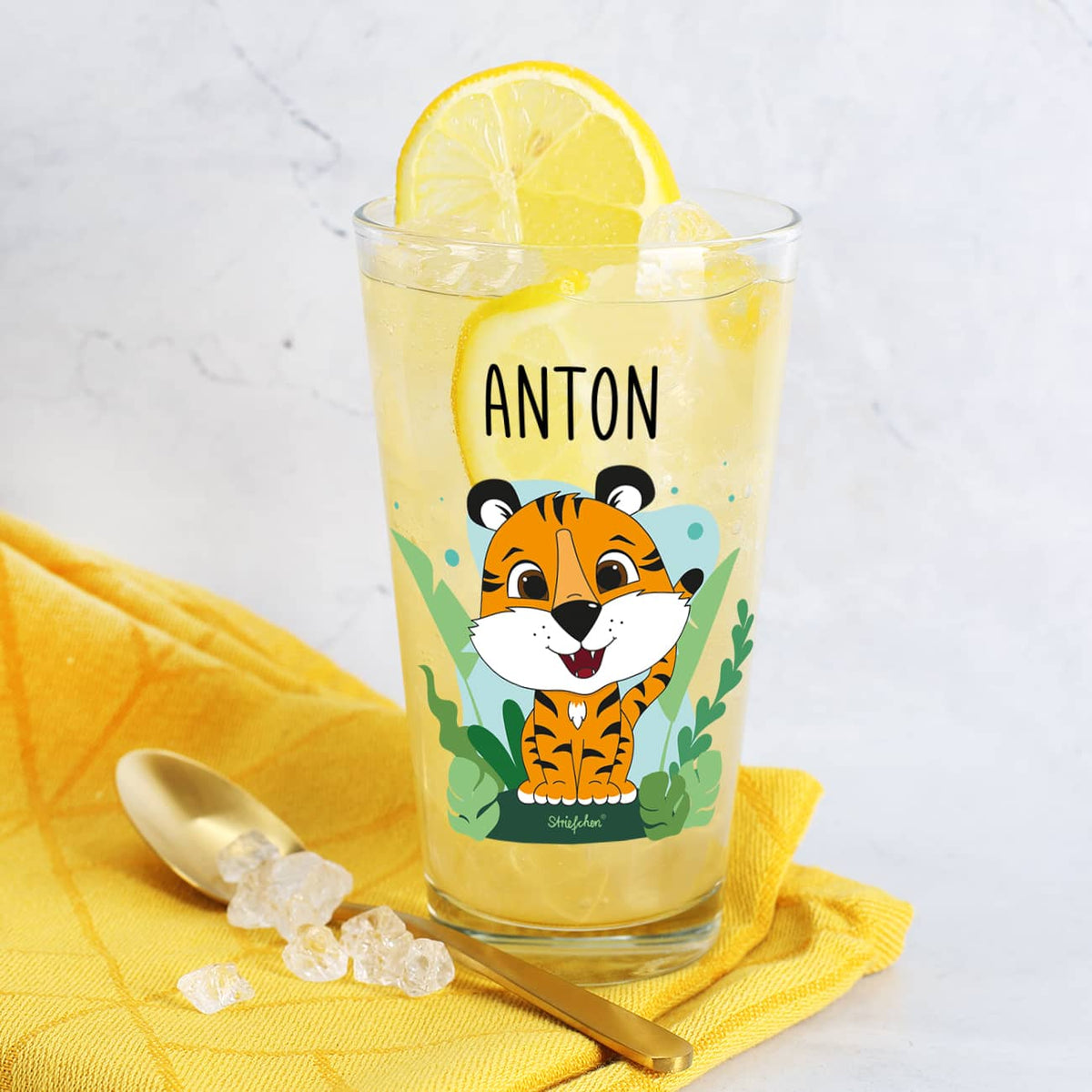 Trinkglas mit Tiger und Name bedruckt