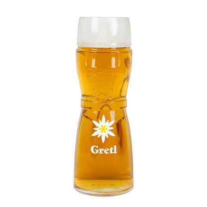 Bierglas Dirndl mit Edelweiß und Name Gretl – freigestellt