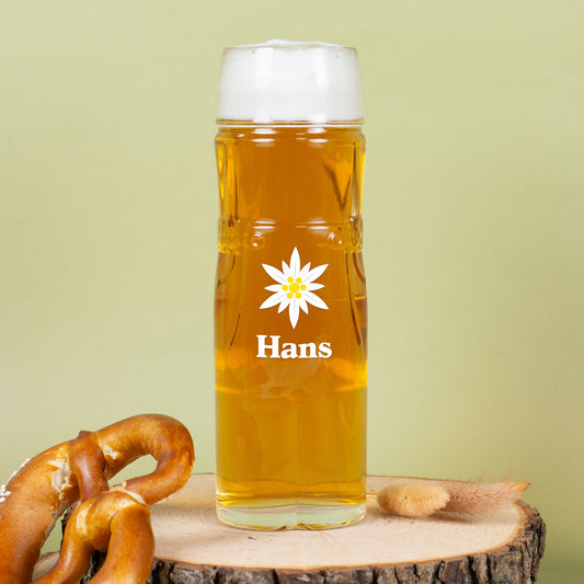 Bierglas Lederhose mit Edelweiß und Name Hans personalisiert