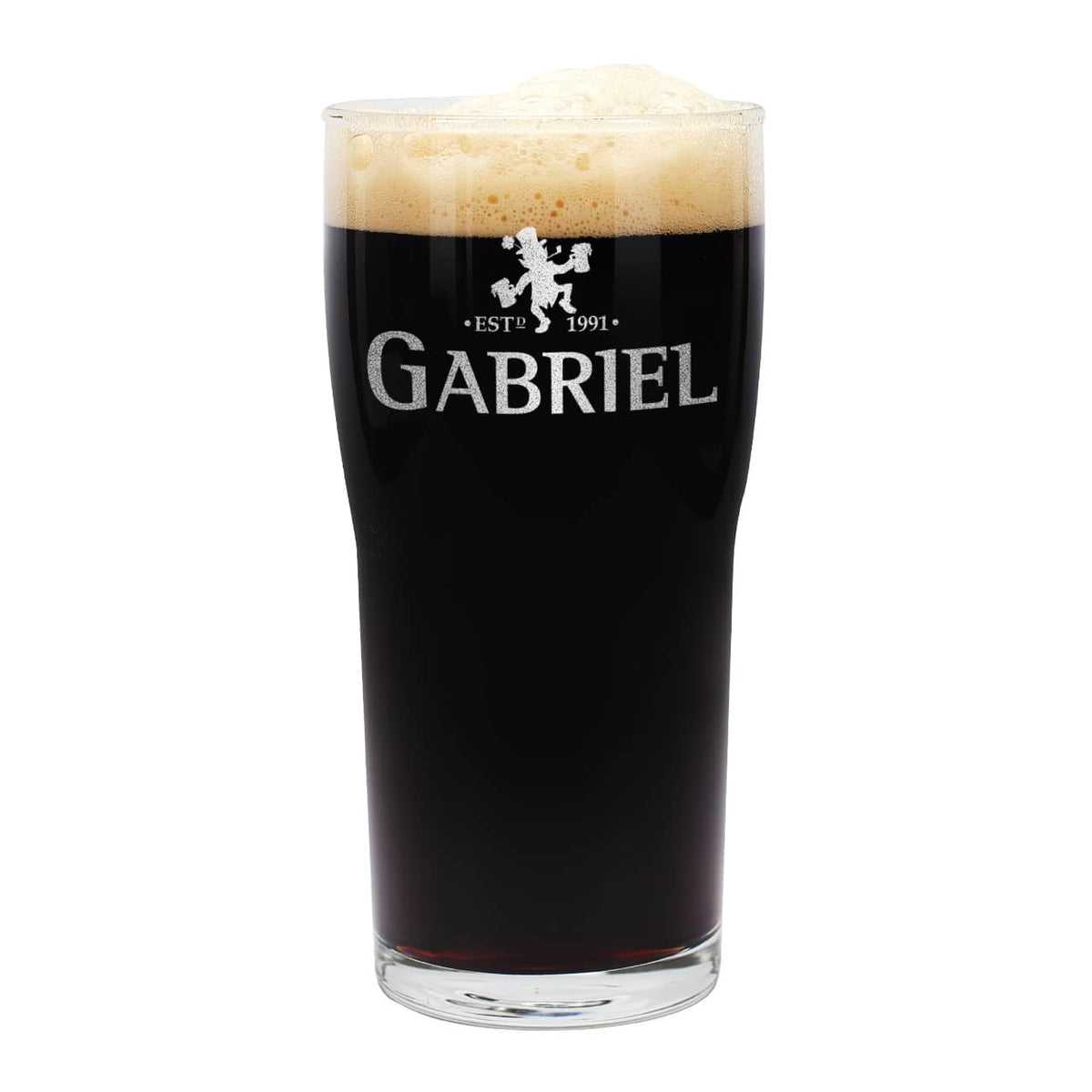Hochwertig gravierter Pint mit Kobold, Jahr und Name als Motiv