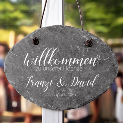 Willkommensschild aus Schiefer zur Hochzeit