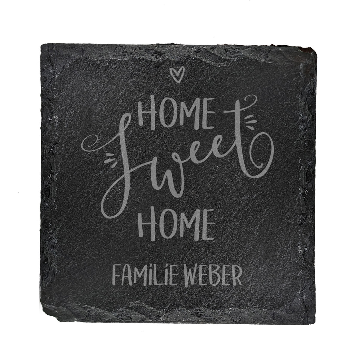 Quadratischer Schiefer-Untersetzer mit Gravur „Home sweet Home“ und Familienname