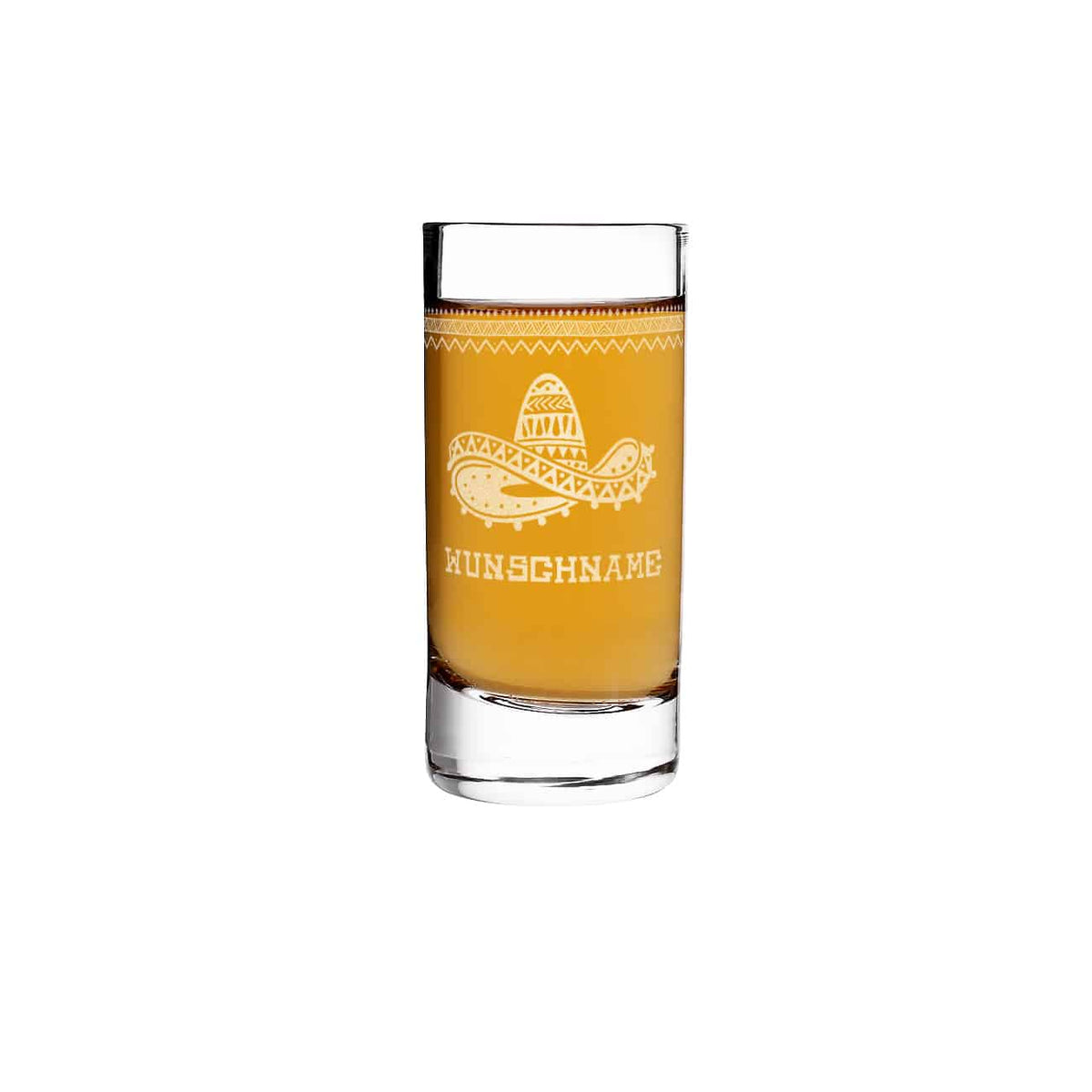 Tequila-Shot mit Gravur eines Sombreros, Ihres Wunschnamens und mexikanischen Ornamenten