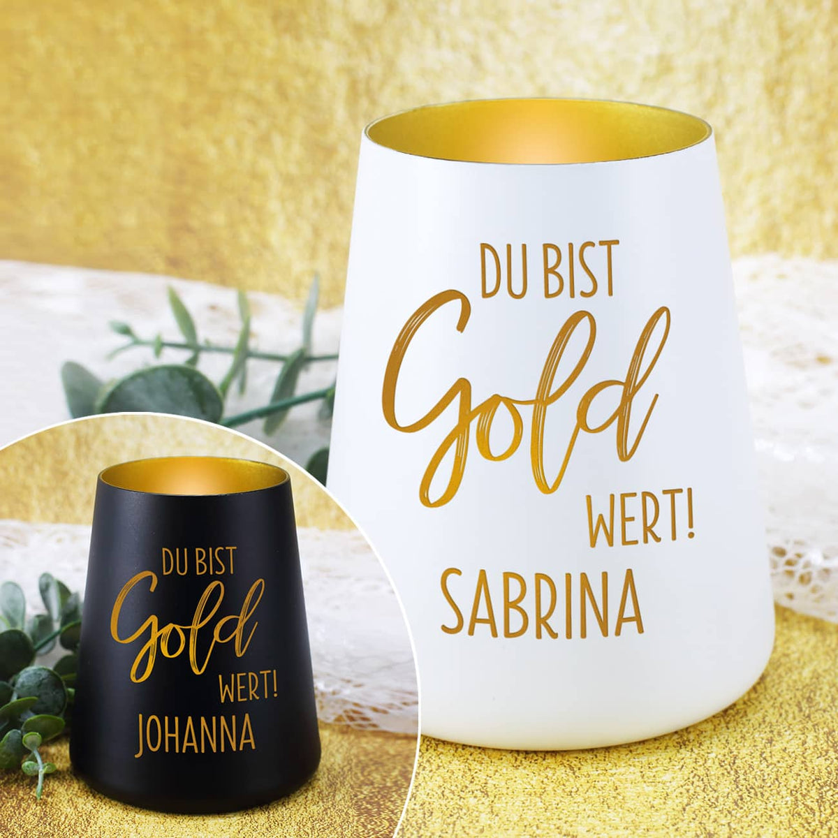 Windlicht in Schwarz oder Weiß mit goldener Innenseite, graviert mit Spruch und Name nach Wunsch