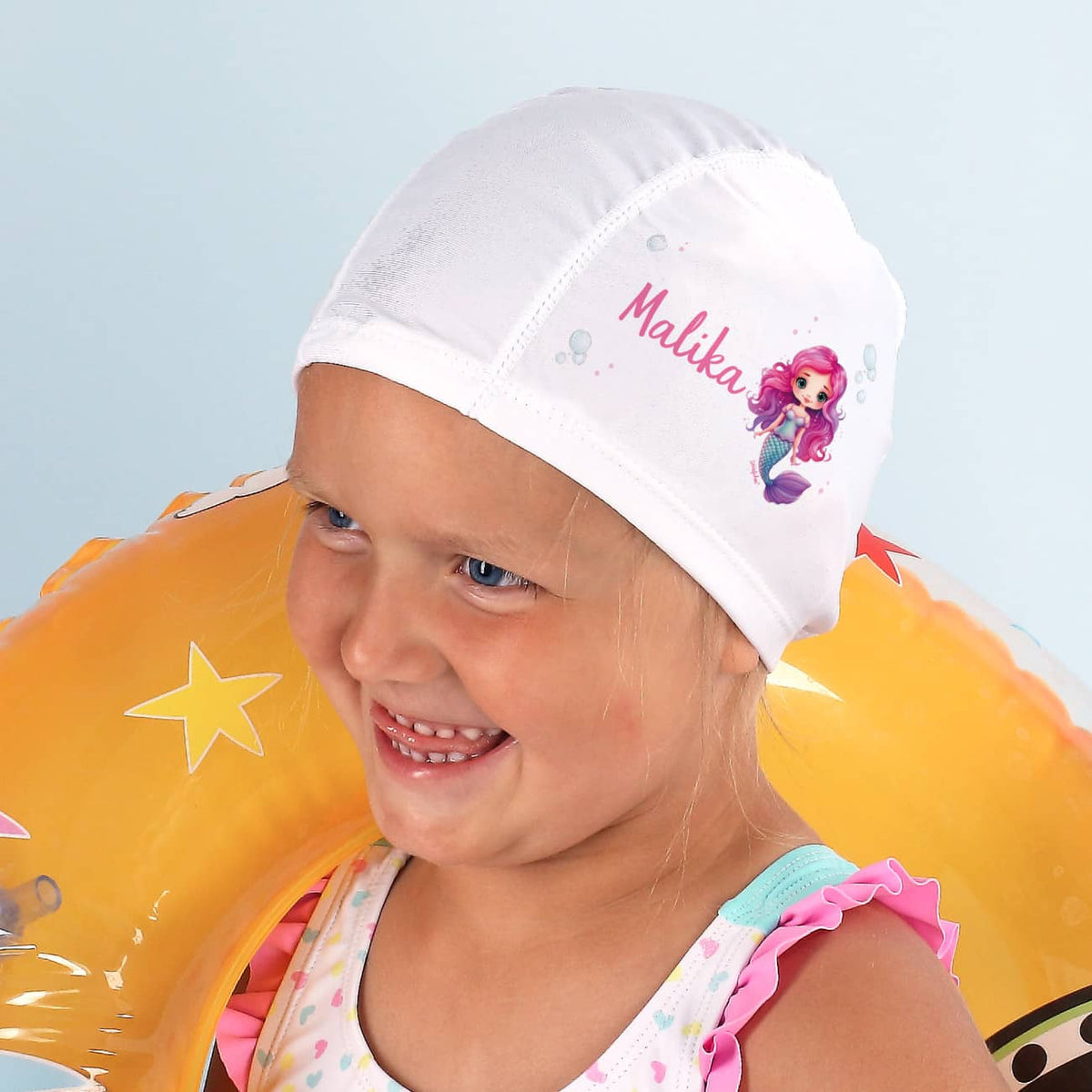 Kinderbadekappe mit Meerjungfrauen-Motiv und Name bedruckt