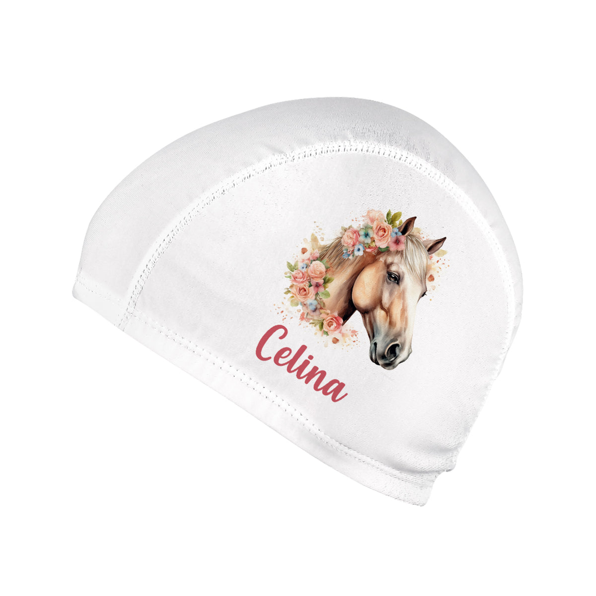 Badekappe mit Pferdekopf und Blumen sowie Name „Celina“ – Produktansicht
