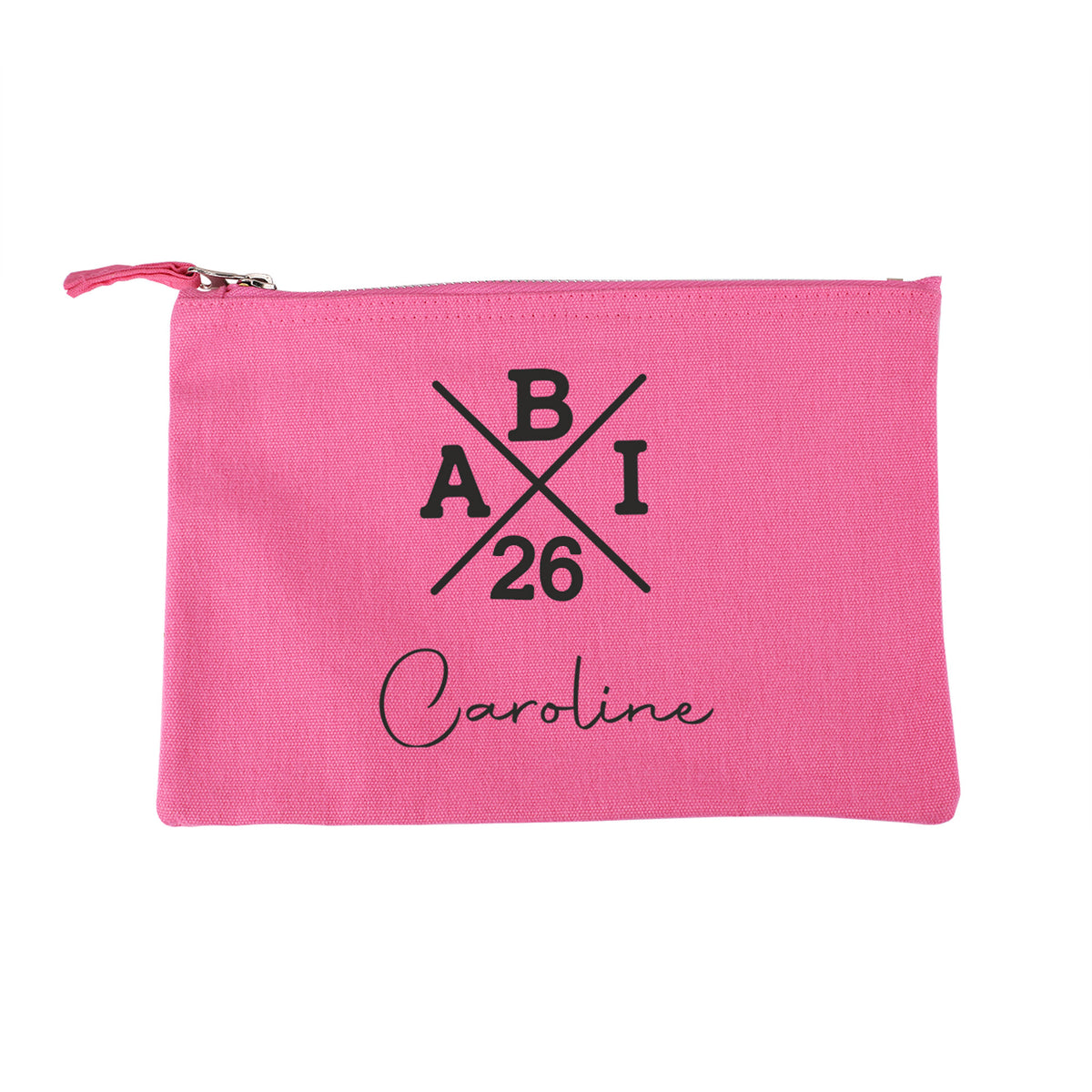 ABI kleine pinke Tasche mit Name "Caroline" zum Abitur freigestellt auf weißem Hintergrund