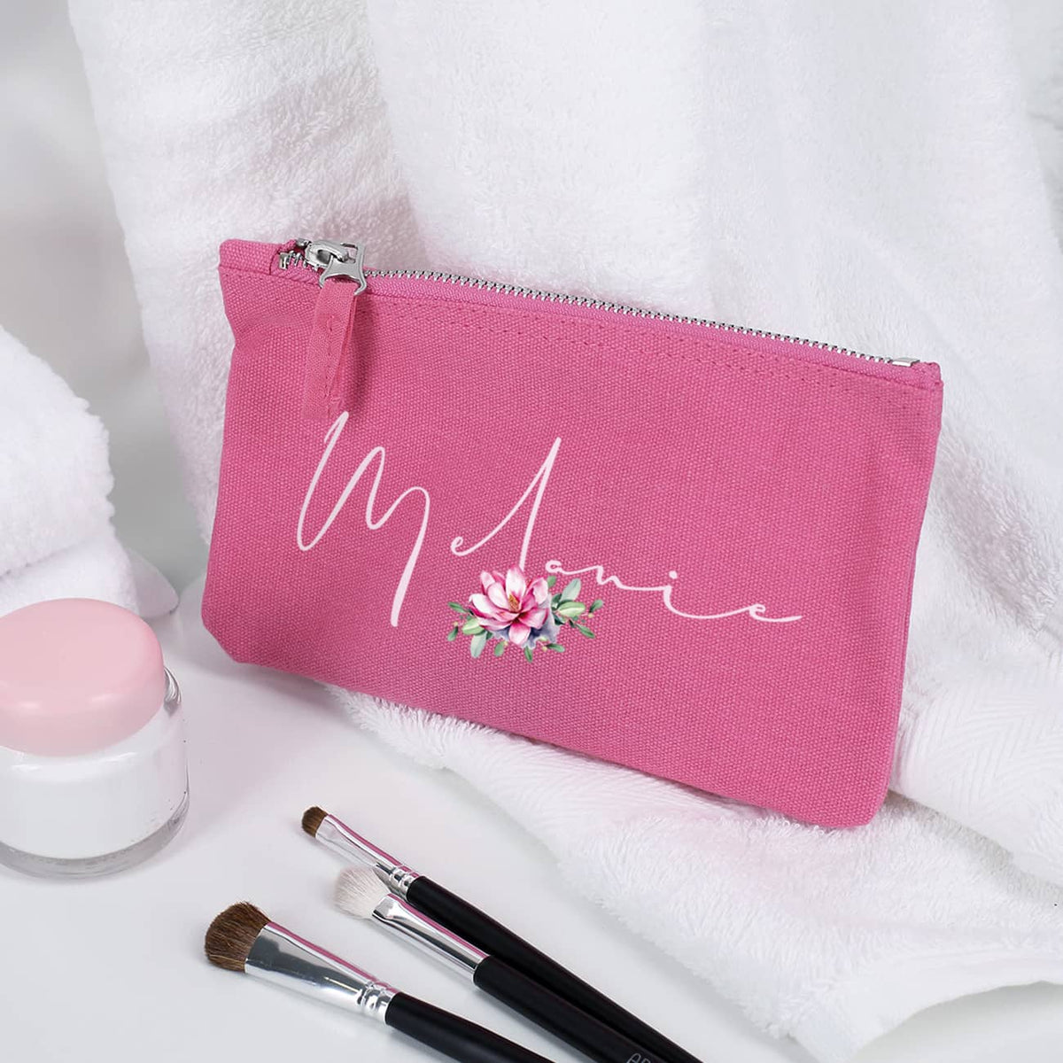 Kleine Stofftasche mit Magnolie und Name