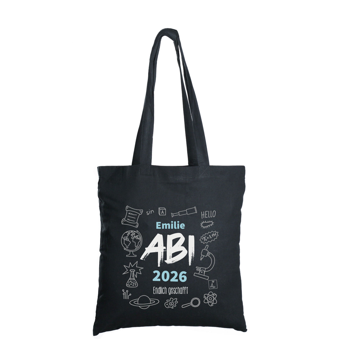 Baumwolltasche zum bestandenen Abitur mit Name, Jahr und Wunschtext freigestellt auf weißem Hintergrund