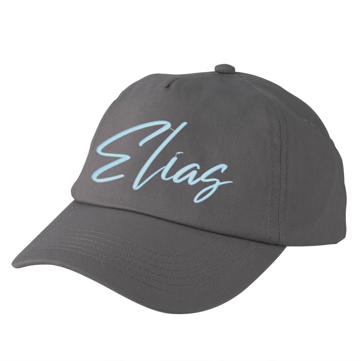 Dunkelgraues Basecap für Kinder mit Name in hellblau bestickt