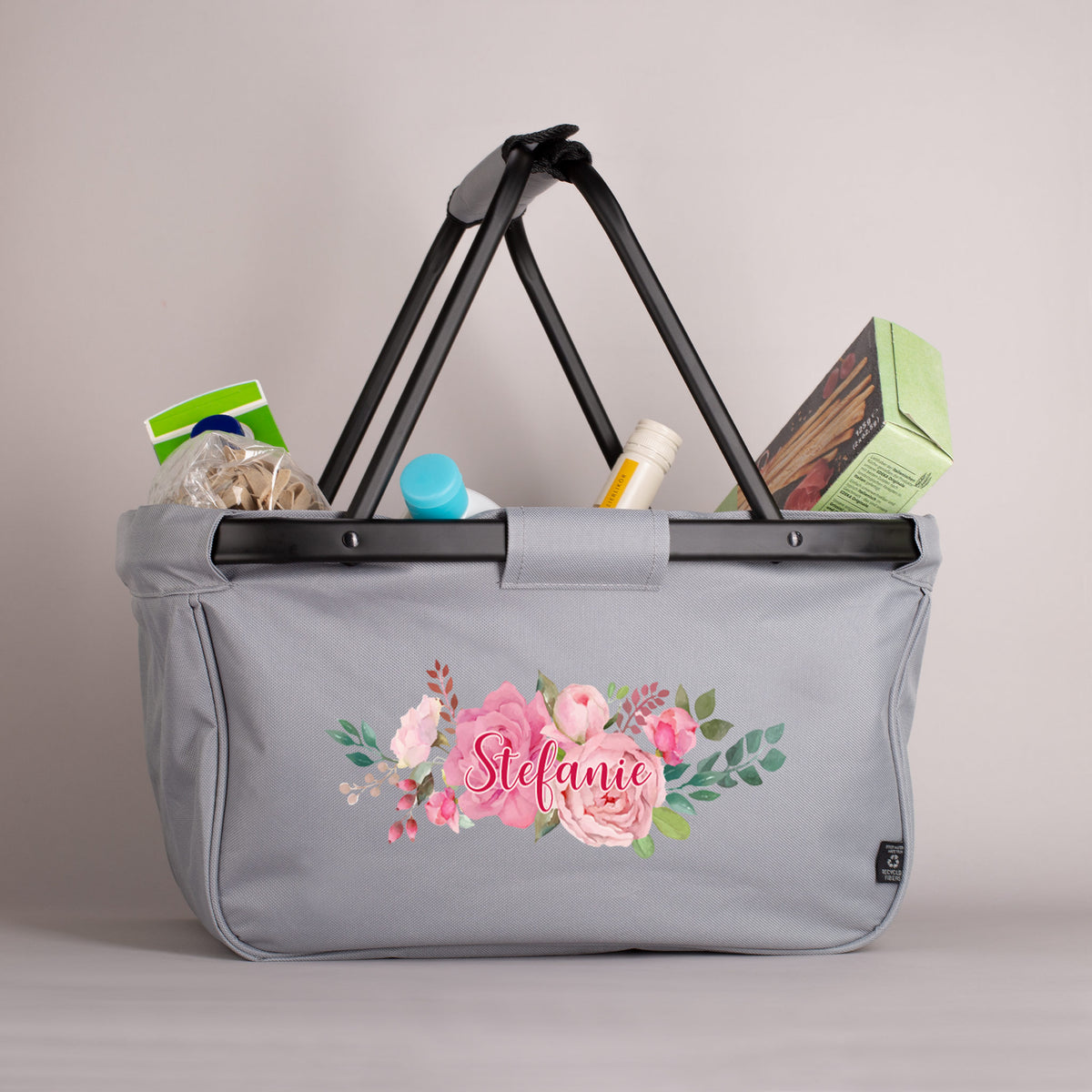 Praktischer Einkaufskorb mit Blumenbouquet und individuellem Aufdruck