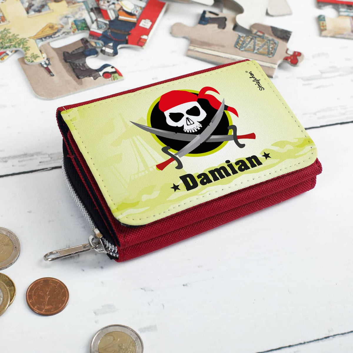 Geldbörse für Kinder mit Wunschname und Piratenmotiv