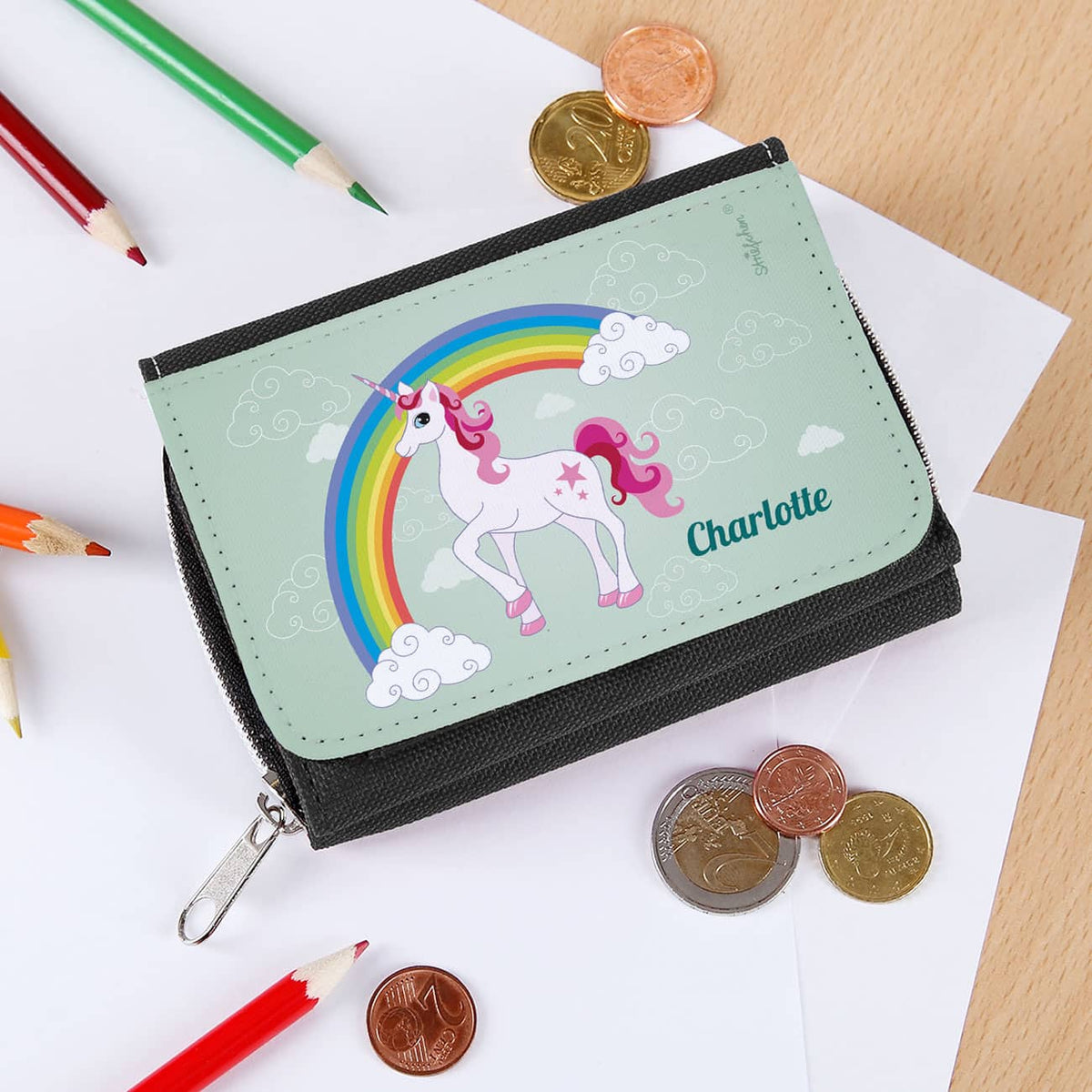 schwarze Einhorn-Geldbörse mit Name für Kinder