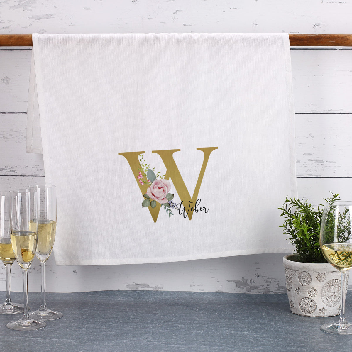 Geschirrtuch mit Rosen-Monogramm und Name