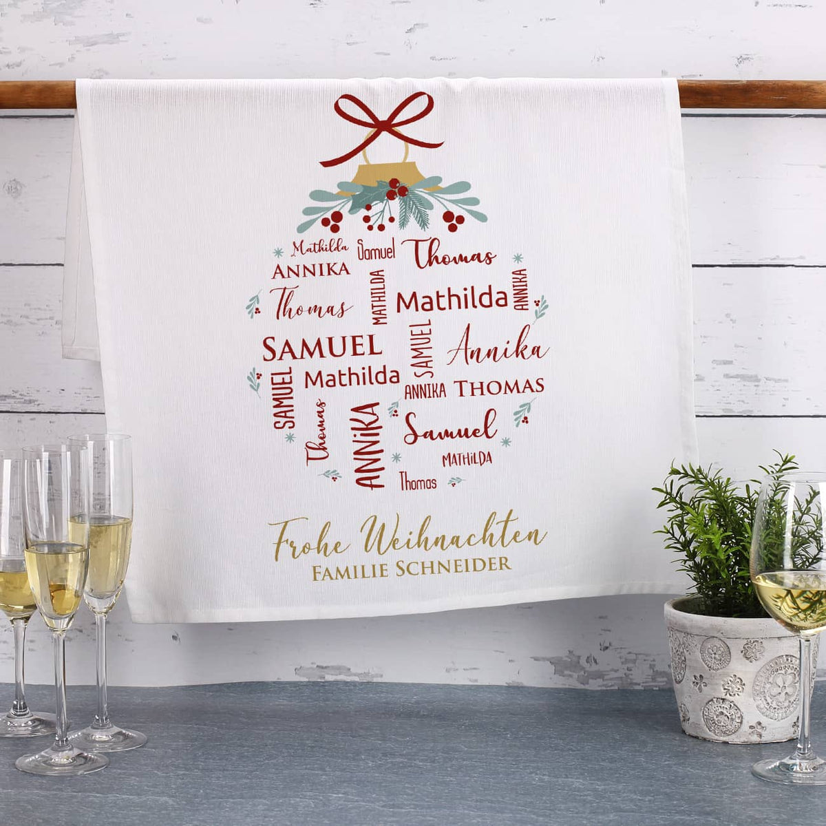 Weihnachts-Geschirrtuch mit bis zu vier Namen und Wunschtext bedruckt