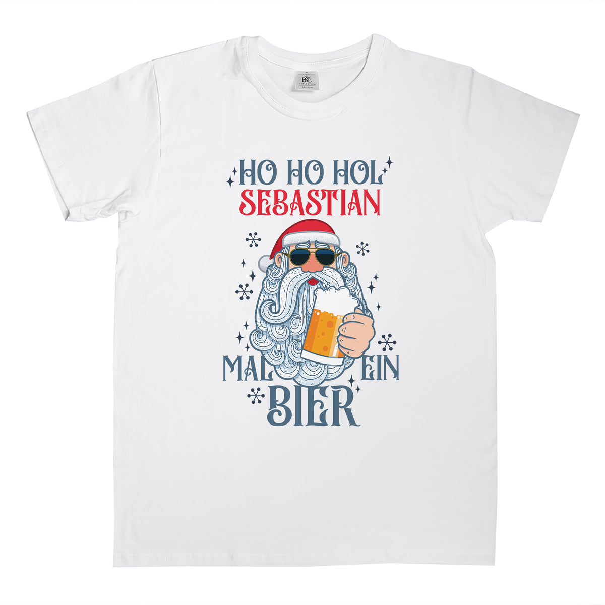 Weißes Herren T-Shirt mit personalisiertem Name Sebastian und Weihnachtsmann Biermotiv in Vorderansicht