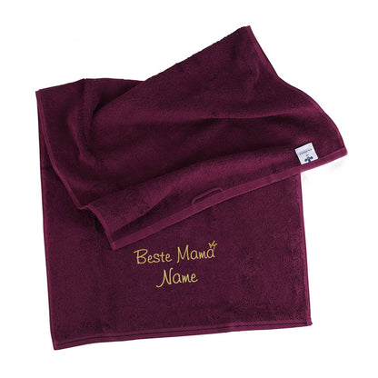 Beste Mama - brombeerfarbenes Handtuch mit Name in Gold bestickt