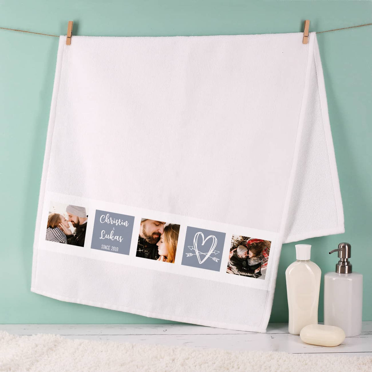 Weißes Handtuch mit Fotos, Herz, Namen und Wunschtext