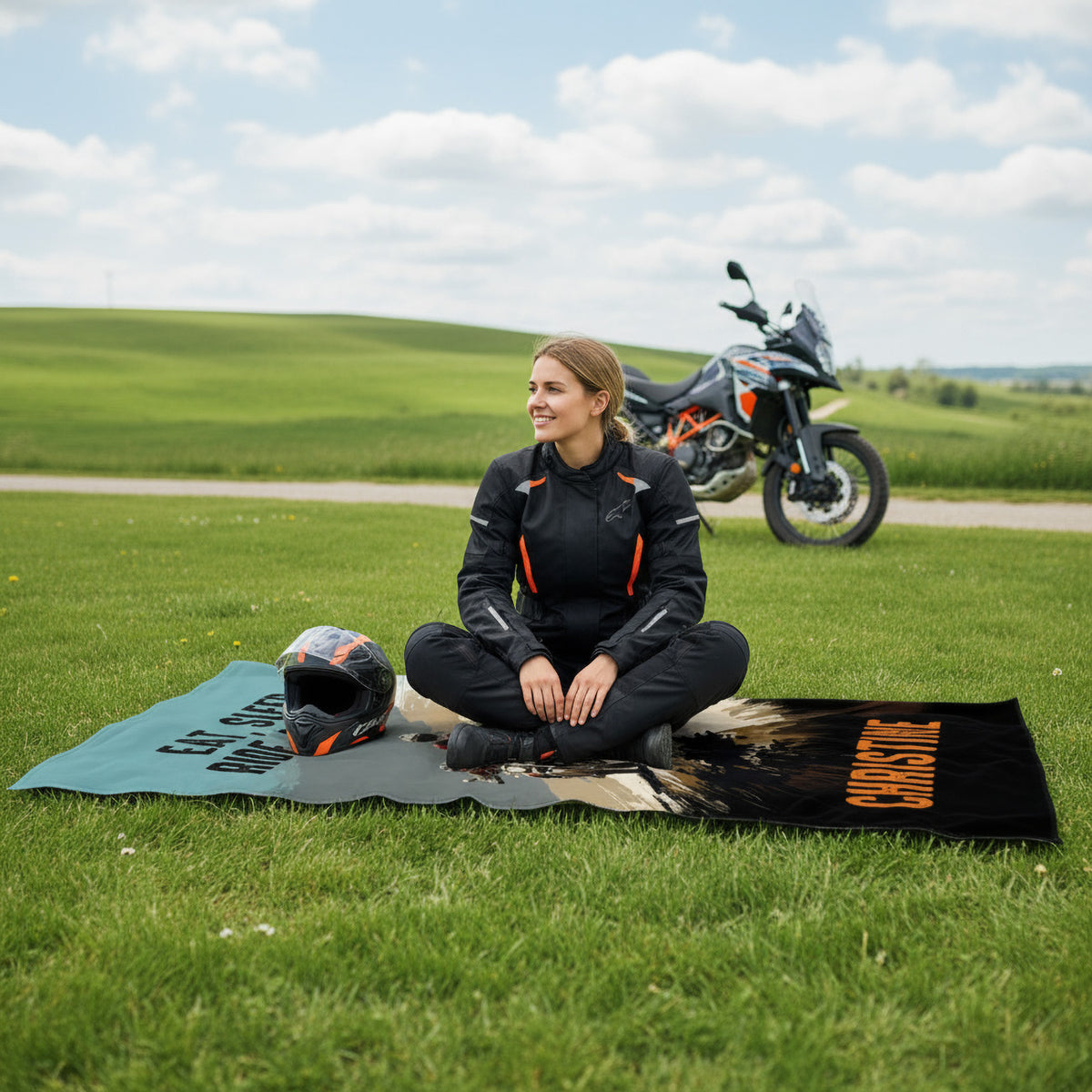 Frau sitzt auf personalisiertem Biker-Handtuch mit Wunschtext und Namen, vor Motorrad auf Wiese