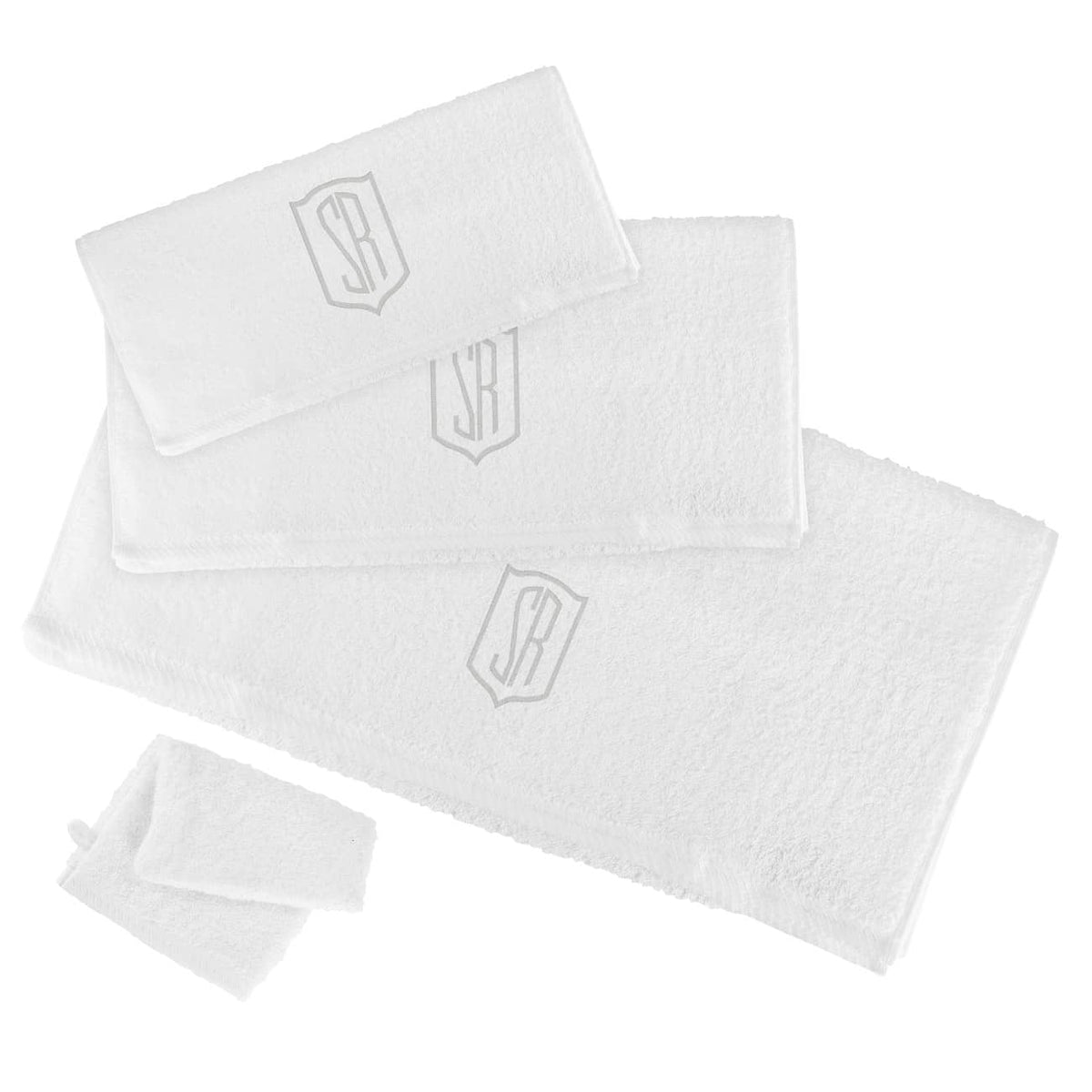 weißes Handtuchset mit Initialen bestickt in Silber