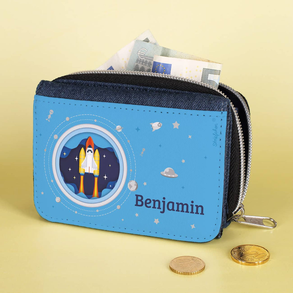 Geldbörse für Kinder in Jeans Optik mit Raumschiff und Name bedruckt