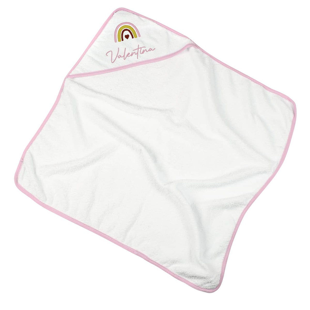 besticktes Kapuzenhandtuch mit Regenbogen-Motiv und Name in rosa